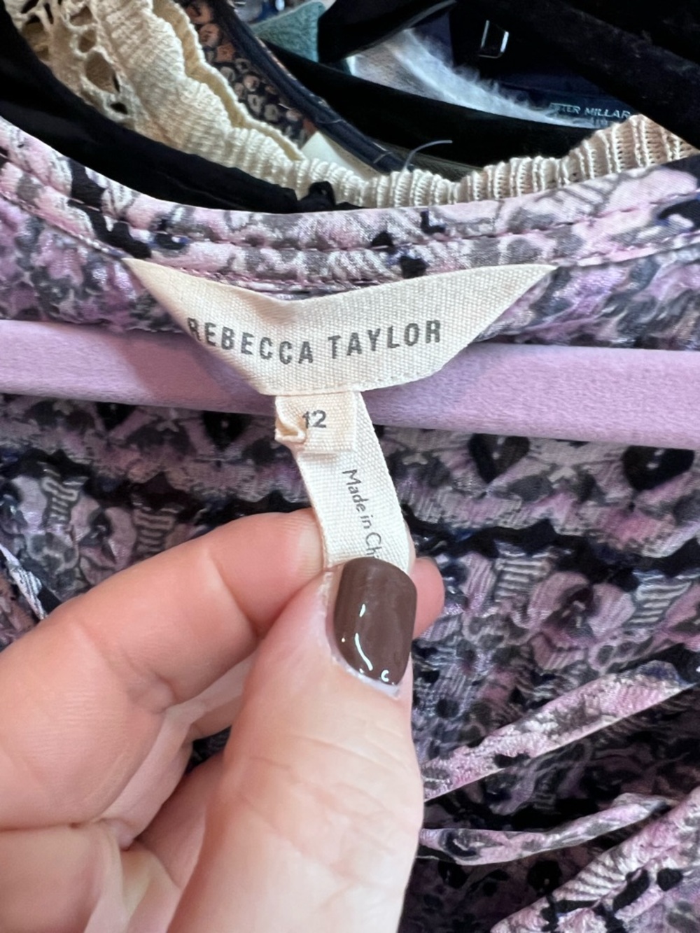REBECCA TAYLOR Summer Designer Black and Lilac Double Tie Neck Print Blouse, 12 - Picture 11 of 12